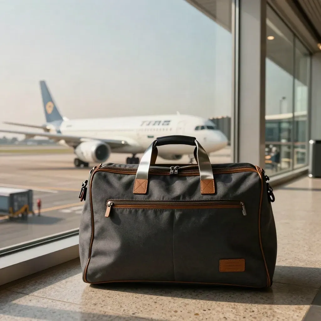 Cabin bag by terminal glass as a taxiing jet rolls in, with runway reflections shimmering.