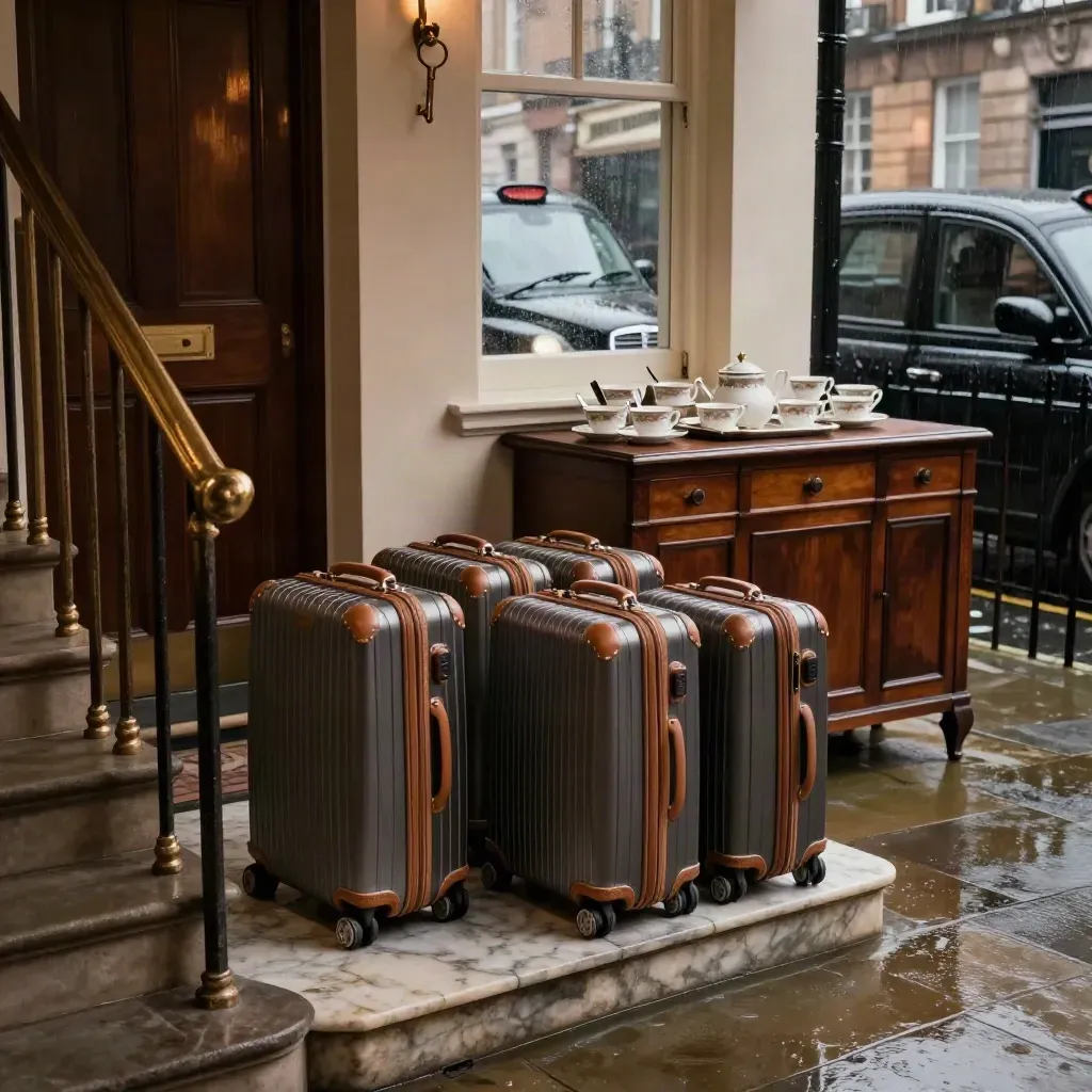 Rain-wet London townhouse entrance with six suitcases, tea service, and a black cab reflected outside
