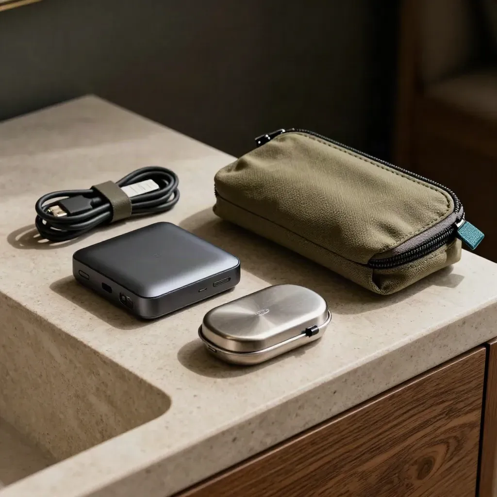 Travel support kit with power bank, cable, SIM pin, earplugs tin, and pouch on a nightstand.