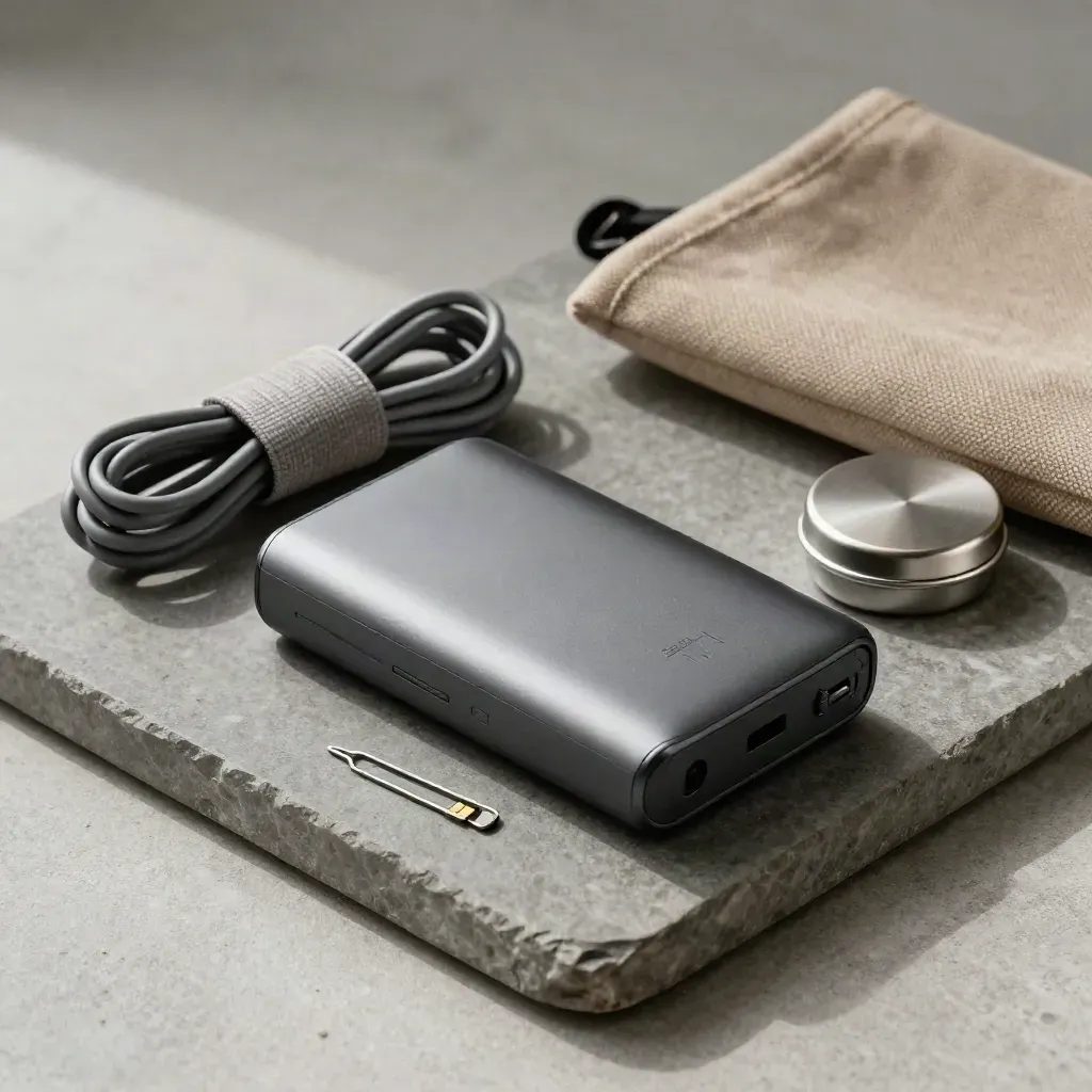 Travel support kit on a stone tray with power bank, cable wrap, SIM pin, earplugs tin and pouch.