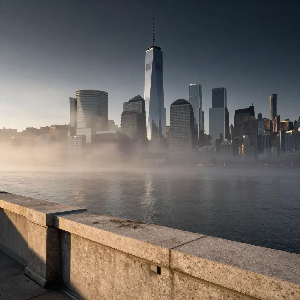 Foggy Lower Manhattan skyline from a rooftop above the Hudson at first light.