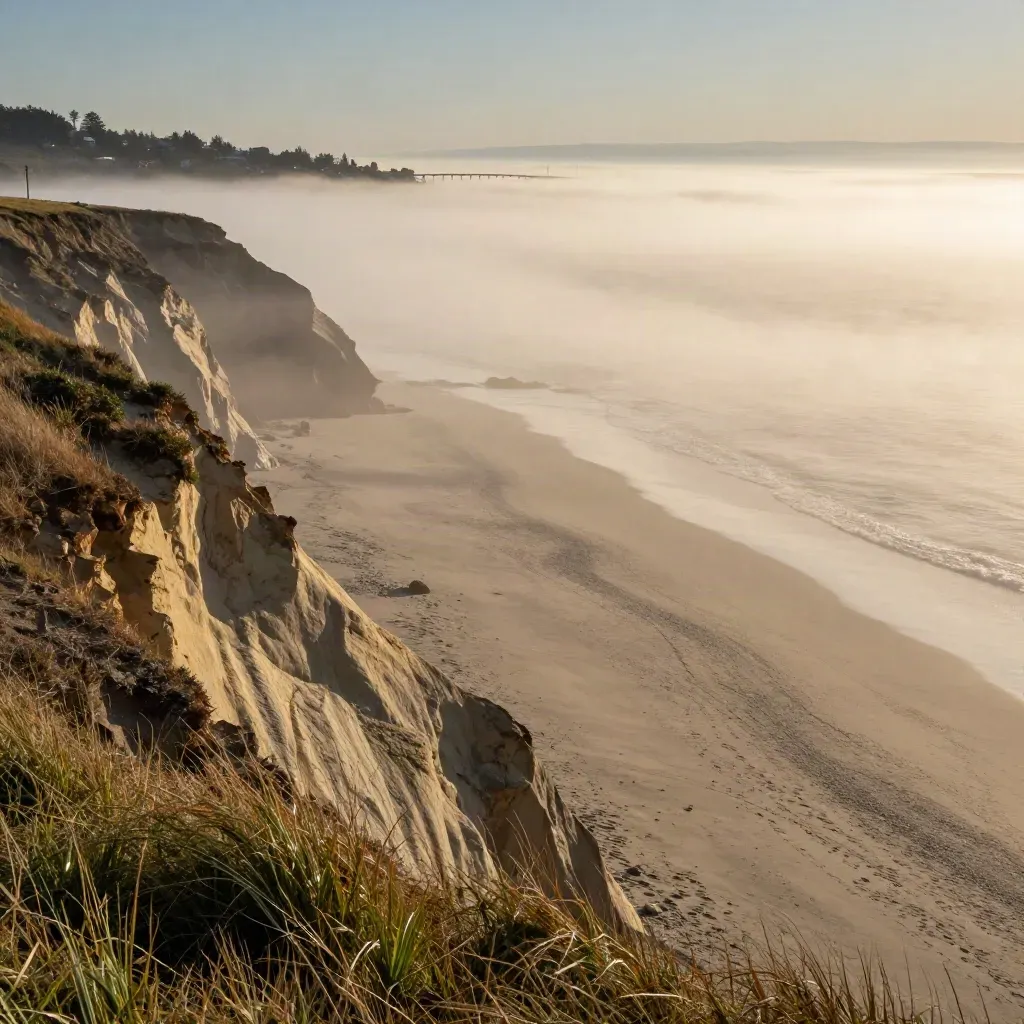 Fog rolls over a West Coast bluff with bridge and skyline at golden hour.